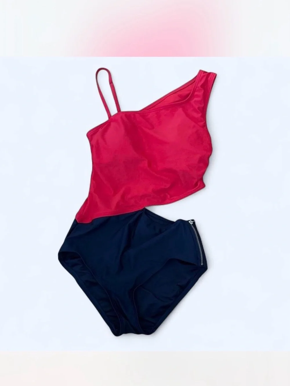 Michael Kors Asymmetric One-Shoulder Two-Tone One-Piece Swimsuit - Red & Navy